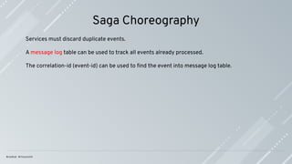 Saga Choreography
Services must discard duplicate events.
A message log table can be used to track all events already processed.
The correlation-id (event-id) can be used to ﬁnd the event into message log table.
 