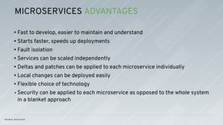 • Fast to develop, easier to maintain and understand
• Starts faster, speeds up deployments
• Fault isolation
• Services can be scaled independently
• Deltas and patches can be applied to each microservice individually
• Local changes can be deployed easily
• Flexible choice of technology
• Security can be applied to each microservice as opposed to the whole system
in a blanket approach
MICROSERVICES ADVANTAGES
 