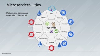 Microservices’ilities
MyService
Monitoring
Tracing
API
Discovery
Invocation
Resilience
Pipeline
Authentication
Logging Elasticity
Platform and frameworks
cover a lot … but not all ...
 