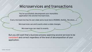 Microservices and transactions
You’ve successfully decomposed your monolithic
application into several microservices.
Every microservice has its own state and a local store (RDBMS, NoSQL, ﬁle store, ...)
Microservices can emit events when a state changes.
Microservices can react to events.
But you still want that a business process spanning several services to be
consistent and correct regardless of the level of decomposition of your
application.
 