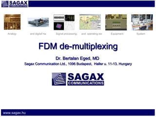 Analog-

and digital hw

Signal processing-

and operating sw

Equipment

FDM de-multiplexing
Dr. Bertalan Eged, MD
Sagax Communication Ltd., 1096 Budapest, Haller u. 11-13. Hungary

www.sagax.hu

System

 