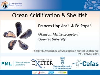 Ocean Acidification & Shellfish
Frances Hopkins1 & Ed Pope2
1Plymouth Marine Laboratory
2Swansea University
Shellfish Association of Great Britain Annual Conference
21 – 22 May 2013
 