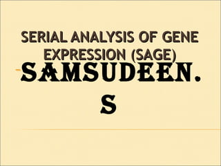 SERIAL ANALYSIS OF GENESERIAL ANALYSIS OF GENE
EXPRESSIONEXPRESSION ( (SAGESAGE))
-SAMSUDEEN.
S
 