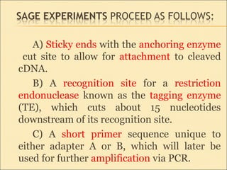 A) Sticky ends with the anchoring enzyme 
  cut  site  to  allow  for  attachment  to  cleaved 
cDNA.
B)  A  recognition  site  for  a  restriction 
endonuclease  known  as  the  tagging  enzyme 
(TE),  which  cuts  about  15  nucleotides 
downstream of its recognition site. 
C)  A  short  primer  sequence  unique  to 
either  adapter  A  or  B,  which  will  later  be 
used for further amplification via PCR.
 