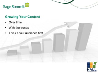 Growing Your Content
• Over time
• With the trends
• Think about audience first
 
