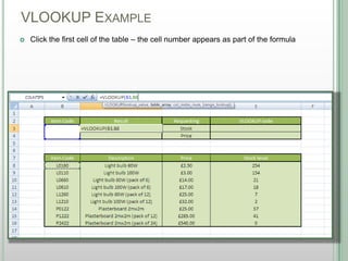 VLOOKUP EXAMPLE
DSHANNON05/08/13
 Click the first cell of the table – the cell number appears as part of the formula
 
