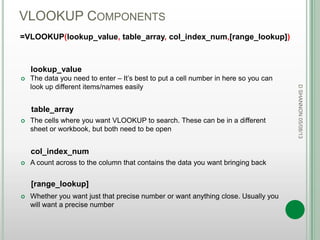 VLOOKUP COMPONENTS
DSHANNON05/08/13
=VLOOKUP(lookup_value, table_array, col_index_num,[range_lookup])
 The data you need to enter – It‟s best to put a cell number in here so you can
look up different items/names easily
 The cells where you want VLOOKUP to search. These can be in a different
sheet or workbook, but both need to be open
 A count across to the column that contains the data you want bringing back
 Whether you want just that precise number or want anything close. Usually you
will want a precise number
lookup_value
table_array
col_index_num
[range_lookup]
 