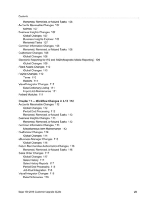 Contents...........................................................................................................................................................................................
Sage 100 2016 Customer Upgrade Guide viii
Renamed, Removed, or Moved Tasks 106
Accounts Receivable Changes 107
Memos 107
Business Insights Changes 107
Global Changes 107
Business Insights Explorer 107
Renamed Tasks 107
Common Information Changes 108
Renamed, Removed, or Moved Tasks 108
Customizer Changes 108
Global Changes 108
Electronic Reporting for W2 and 1099 (Magnetic Media Reporting) 109
Global Changes 109
Fixed Assets Changes 110
Global Changes 110
Payroll Changes 110
Taxes 110
Reports 111
Visual Integrator Changes 111
Data Dictionary Listing 111
Import Job Maintenance 111
Retired Modules 111
Chapter 11 — Workflow Changes in 4.10 112
Accounts Receivable Changes 112
Global Changes 112
Period End Processing 112
Renamed, Removed, or Moved Tasks 113
Business Insights Changes 113
Renamed, Removed, or Moved Tasks 113
Common Information Changes 113
Miscellaneous Item Maintenance 113
Customizer Changes 114
Global Changes 114
eBusiness Manager Changes 116
Global Changes 116
Return Merchandise Authorization Changes 116
Renamed, Removed, or Moved Tasks 116
Sales Order Changes 117
Global Changes 117
Sales History 117
Sales History Reports 117
Period End Processing 118
Job Cost Integration 118
Visual Integrator Changes 119
Data Dictionaries 119
 
