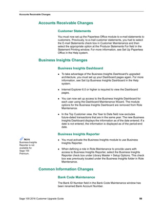 Sage 100 2016 Customer Upgrade Guide 99
_____________________________________________________________________________________________
Accounts Receivable Changes
Accounts Receivable Changes
Customer Statements
You must now set up the Paperless Office module to e-mail statements to
customers. Previously, to e-mail customer statements, you had to select
the E-mail Statements check box in Customer Maintenance and then
select the appropriate option at the Produce Statements For field in the
Statement Printing window. For more information, see Set Up Paperless
Office in the Help system.
Business Insights Changes
Business Insights Dashboard
 To take advantage of the Business Insights Dashboard's upgraded
architecture, you must set up your Dashboard pages again. For more
information, see Set Up Business Insights Dashboard in the Help
system.
 Internet Explorer 6.0 or higher is required to view the Dashboard
pages.
 You can now set up access to the Business Insights Dashboard for
each user using the Dashboard Maintenance Wizard. The module
options for the Business Insights Dashboard are removed from Role
Maintenance.
 In the Top Customer view, the Year to Date field now excludes
future-dated transactions that are in the same year. The new Business
Insights Dashboard displays the information as of the date entered. If a
date is not entered, the information is displayed as of the period-end
date.
Business Insights Reporter
 You must activate the Business Insights module to use Business
Insights Reporter.
 When defining a role in Role Maintenance to provide users with
access to Business Insights Reporter, select the Business Insights
Reporter check box under Library Master > Setup Options. This check
box was previously located under the Business Insights folder in Role
Maintenance.
Common Information Changes
Bank Code Maintenance
The Bank ID Number field in the Bank Code Maintenance window has
been renamed Bank Account Number.
NOTE
Business Insights
Reporter is not
available for
Sage 100
Premium.
 