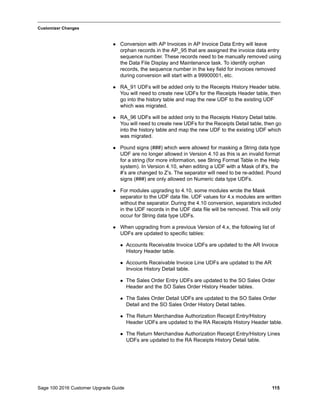 Sage 100 2016 Customer Upgrade Guide 115
_____________________________________________________________________________________________
Customizer Changes
 Conversion with AP Invoices in AP Invoice Data Entry will leave
orphan records in the AP_95 that are assigned the invoice data entry
sequence number. These records need to be manually removed using
the Data File Display and Maintenance task. To identify orphan
records, the sequence number in the key field for invoices removed
during conversion will start with a 99900001, etc.
 RA_91 UDFs will be added only to the Receipts History Header table.
You will need to create new UDFs for the Receipts Header table, then
go into the history table and map the new UDF to the existing UDF
which was migrated.
 RA_96 UDFs will be added only to the Receipts History Detail table.
You will need to create new UDFs for the Receipts Detail table, then go
into the history table and map the new UDF to the existing UDF which
was migrated.
 Pound signs (###) which were allowed for masking a String data type
UDF are no longer allowed in Version 4.10 as this is an invalid format
for a string (for more information, see String Format Table in the Help
system). In Version 4.10, when editing a UDF with a Mask of #’s, the
#’s are changed to Z’s. The separator will need to be re-added. Pound
signs (###) are only allowed on Numeric data type UDFs.
 For modules upgrading to 4.10, some modules wrote the Mask
separator to the UDF data file. UDF values for 4.x modules are written
without the separator. During the 4.10 conversion, separators included
in the UDF records in the UDF data file will be removed. This will only
occur for String data type UDFs.
 When upgrading from a previous Version of 4.x, the following list of
UDFs are updated to specific tables:
 Accounts Receivable Invoice UDFs are updated to the AR Invoice
History Header table.
 Accounts Receivable Invoice Line UDFs are updated to the AR
Invoice History Detail table.
 The Sales Order Entry UDFs are updated to the SO Sales Order
Header and the SO Sales Order History Header tables.
 The Sales Order Detail UDFs are updated to the SO Sales Order
Detail and the SO Sales Order History Detail tables.
 The Return Merchandise Authorization Receipt Entry/History
Header UDFs are updated to the RA Receipts History Header table.
 The Return Merchandise Authorization Receipt Entry/History Lines
UDFs are updated to the RA Receipts History Detail table.
 