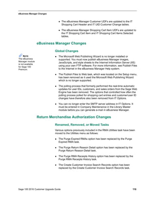 Sage 100 2016 Customer Upgrade Guide 116
_____________________________________________________________________________________________
eBusiness Manager Changes
 The eBusiness Manager Customer UDFs are updated to the IT
Shopping Cart Header and IT UID Customer Change tables.
 The eBusiness Manager Shopping Cart Item UDFs are updated to
the IT Shopping Cart Item and IT Shopping Cart Items Selected
tables.
eBusiness Manager Changes
Global Changes
 The Microsoft Web Publishing Wizard is no longer installed or
supported. You must now publish eBusiness Manager images,
JavaScripts, and style sheets to the Internet Information Server (IIS)
using your own FTP software. For more information, see Publish Files
to the Internet in the eBusiness Manager Help system.
 The Publish Files to Web task, which was located on the Setup menu,
has been removed as it used the Microsoft Web Publishing Wizard
which is no longer supported.
 The polling process that formerly performed the real-time automatic
updates for user IDs, customers, and sales orders from the Sage Web
Engine has been removed. The options that controlled how often the
polling process polled for shopping cart entries and customer/user ID
changes have therefore also been removed from IT Options.
 You can no longer enter the SMTP server address in IT Options. It
must be entered in Company Maintenance in the Library Master
module before you can generate e-mail in eBusiness Manager.
Return Merchandise Authorization Changes
Renamed, Removed, or Moved Tasks
Various options previously included in the RMA Utilities task have been
moved to the Utilities menu as follows:
 The Purge Expired RMAs option has been replaced by the Purge
Expired RMA task.
 The Purge Return Reason Detail option has been replaced by the
Purge Return Reason Detail task.
 The Purge RMA Receipts History option has been replaced by the
Purge RMA Receipts History task.
 The Create Customer Invoice Search Records option has been
replaced by the Create Customer Invoice Search Records task.
NOTE
The eBusiness
Manager module
is not available
for Sage 100
Premium.
 