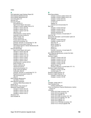 Sage 100 2016 Customer Upgrade Guide 198
Index
A
ACA Applicable Large Employer Report 29
ACA Employee Maintenance 29
ACA Employer Maintenance 29
accounting dates 121
accounts 123
Accounts Payable
ACH payment 75
Aged Invoice Report, font size 6
changes in product update 4.40.0.2 75
changes in version 2013 46
changes in version 2015 14
changes in version 4.20 104
data entry 105
enhancements in version 2016 6
expanded invoice number 46
global changes 104
inactive vendors 46
Invoice search button 40
period-end processing 105
renamed, removed, or moved tasks 75, 106
Repetitive Invoice search button 40
view cleared checks in Vendor Maintenance 48
wire transfers 75
Accounts Receivable
Aged Invoice Report, font size 6
changes in version 2013 48
changes in version 2015 17
changes in version 4.10 112
changes in version 4.20 107
changes in version 4.30 99
changes in version 4.40 76
changes in version 4.50 61
enhancements in version 2016 6
global changes 112
inactive customers 48
national accounts 61
period-end processing 112
purge credit card data 62
recalculate utility 62
renamed, removed, or moved tasks 76, 113
Repetitive Invoice search button 40
split commission 62
utility 63
ACE Employer Maintenance
new fields in 2016 8
ACH electronic payments
viewing in Bank Reconciliation 52
activity log 72
Administrative Tools window 57
Advanced Lookup Engine
changes in version 2013 44
changes in version 4.00 120
changes in version 4.20 101
changes in version 4.40 72
allocations 124
auto-complete 39
B
Bank Reconciliation
changes in product update 4.40.0.2 76
changes in product update 4.40.0.3 76
changes in version 2013 52
changes in version 2015 19
on the fly 76
registers 76
renamed and removed tasks 76
Bar Code
changes in version 2015 20
changes in version 4.40 77
changes in version 4.50 63
lot/serial distribution 63
renamed, removed, or moved tasks 77
batch fax 102
bill and item description, synchronization option 20
Bill of Materials
changes in version 2015 20
changes in version 4.40 77
data entry 78
global changes 77
inquiry changes 78
options 77
printing 78
renamed, removed, or moved tasks 79
reports and forms 78
Bill of Materials Maintenance, access from Item
Maintenance 27
Business Insights
changes in version 4.00 123
changes in version 4.10 113
changes in version 4.20 107
changes in version 4.30 99
changes in version 4.40 79
global changes 107
renamed, removed, or moved tasks 107, 113
Business Insights Dashboard
changes in version 4.30 99
renamed tasks 107
Business Insights Explorer 107
Business Insights Reporter 79
changes in version 4.00 123
changes in version 4.30 99
C
Canadian, postal codes 12
Cash Receipts Entry
inactive customers 49
Check and Electronic Payment Maintenance, inactive
vendors 47
checklists
version 2013 data conversion 144
version 2013 pre-upgrade 142
version 2013 upgrade 143
version 2014 data conversion 132, 138
version 2014 pre-upgrade 130, 136
version 2014 upgrade 137
version 2015 upgrade 131
version 4.0 or 4.05 data conversion 191
version 4.0 or 4.05 pre-upgrade 188
 