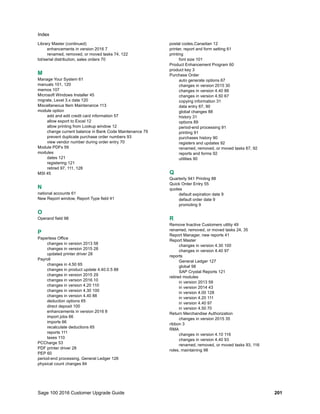 Sage 100 2016 Customer Upgrade Guide 201
Index
Library Master (continued)
enhancements in version 2016 7
renamed, removed, or moved tasks 74, 122
lot/serial distribution, sales orders 70
M
Manage Your System 61
manuals 101, 120
memos 107
Microsoft Windows Installer 45
migrate, Level 3.x data 120
Miscellaneous Item Maintenance 113
module option
add and edit credit card information 57
allow export to Excel 12
allow printing from Lookup window 12
change current balance in Bank Code Maintenance 79
prevent duplicate purchase order numbers 93
view vendor number during order entry 70
Module PDFs 59
modules
dates 121
registering 121
retired 97, 111, 128
MSI 45
N
national accounts 61
New Report window, Report Type field 41
O
Operand field 98
P
Paperless Office
changes in version 2013 58
changes in version 2015 28
updated printer driver 28
Payroll
changes in 4.50 65
changes in product update 4.40.0.5 88
changes in version 2015 29
changes in version 2016 10
changes in version 4.20 110
changes in version 4.30 100
changes in version 4.40 88
deduction options 65
direct deposit 100
enhancements in version 2016 8
import jobs 66
imports 66
recalculate deductions 65
reports 111
taxes 110
PCCharge 53
PDF printer driver 28
PEP 60
period-end processing, General Ledger 126
physical count changes 84
postal codes,Canadian 12
printer, report and form setting 61
printing
font size 101
Product Enhancement Program 60
product key 3
Purchase Order
auto generate options 67
changes in version 2015 30
changes in version 4.40 88
changes in version 4.50 67
copying information 31
data entry 67, 90
global changes 88
history 31
options 89
period-end processing 91
printing 91
purchases history 90
registers and updates 92
renamed, removed, or moved tasks 67, 92
reports and forms 92
utilities 90
Q
Quarterly 941 Printing 88
Quick Order Entry 55
quotes
default expiration date 9
default order date 9
promoting 9
R
Remove Inactive Customers utility 49
renamed, removed, or moved tasks 24, 35
Report Manager, new reports 41
Report Master
changes in version 4.30 100
changes in version 4.40 97
reports
General Ledger 127
global 98
SAP Crystal Reports 121
retired modules
in version 2013 59
in version 2014 43
in version 4.00 128
in version 4.20 111
in version 4.40 97
in version 4.50 70
Return Merchandise Authorization
changes in version 2015 35
ribbon 3
RMA
changes in version 4.10 116
changes in version 4.40 93
renamed, removed, or moved tasks 93, 116
roles, maintaining 98
 