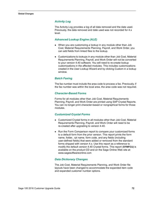 Sage 100 2016 Customer Upgrade Guide 72
_____________________________________________________________________________________________
Global Changes
Activity Log
The Activity Log provides a log of all data removed and the date used.
Previously, the data removed and date used was not recorded for 4.x
level.
Advanced Lookup Engine (ALE)
 When you are customizing a lookup in any module other than Job
Cost, Material Requirements Planning, Payroll, and Work Order, you
can add fields from linked files to the lookup.
 Customizations to lookups in any module other than Job Cost, Material
Requirements Planning, Payroll, and Work Order will not be converted
to your version 4.40 software. You will need to re-create lookup
customizations in the affected modules. This includes customizations
created in the User Lookup Wizard and by clicking Custom in a lookup
window.
Batch Faxing
The fax number must include the area code to process a fax. Previously, if
the fax number was within the local area, the area code was not required.
Character-Based Forms
Forms for all modules other than Job Cost, Material Requirements
Planning, Payroll, and Work Order are printed using SAP Crystal Reports.
You can no longer print character-based or nongraphical forms for those
modules.
Customized Crystal Forms
 Customized Crystal forms in all modules other than Job Cost, Material
Requirements Planning, Payroll, and Work Order will need to be
re-created after upgrading to version 4.40.
 Run the Form Comparison report to compare your customized forms
to a default form from the prior version. This report prints the form
name, folder, .rpt name, form code, and any fields (including
user-defined fields) that were added or removed from the standard
forms shipped with version 4.x. Use this report as a reference to
modify the default version 4.40 Crystal forms. This report (SYWFCU) is
available on the product CD and on the Sage Online Web site at:
www.sagesoftwareonline.com
Data Dictionary Changes
The Job Cost, Material Requirements Planning, and Work Order file
layouts have been changed to accommodate the expanded item code
and expanded customer number options.
 