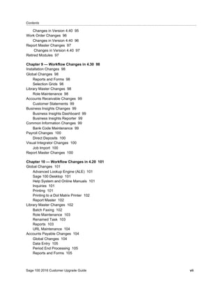 Contents...........................................................................................................................................................................................
Sage 100 2016 Customer Upgrade Guide vii
Changes in Version 4.40 95
Work Order Changes 96
Changes in Version 4.40 96
Report Master Changes 97
Changes in Version 4.40 97
Retired Modules 97
Chapter 9 — Workflow Changes in 4.30 98
Installation Changes 98
Global Changes 98
Reports and Forms 98
Selection Grids 98
Library Master Changes 98
Role Maintenance 98
Accounts Receivable Changes 99
Customer Statements 99
Business Insights Changes 99
Business Insights Dashboard 99
Business Insights Reporter 99
Common Information Changes 99
Bank Code Maintenance 99
Payroll Changes 100
Direct Deposits 100
Visual Integrator Changes 100
Job Import 100
Report Master Changes 100
Chapter 10 — Workflow Changes in 4.20 101
Global Changes 101
Advanced Lookup Engine (ALE) 101
Sage 100 Desktop 101
Help System and Online Manuals 101
Inquiries 101
Printing 101
Printing to a Dot Matrix Printer 102
Report Master 102
Library Master Changes 102
Batch Faxing 102
Role Maintenance 103
Renamed Task 103
Reports 103
URL Maintenance 104
Accounts Payable Changes 104
Global Changes 104
Data Entry 105
Period End Processing 105
Reports and Forms 105
 