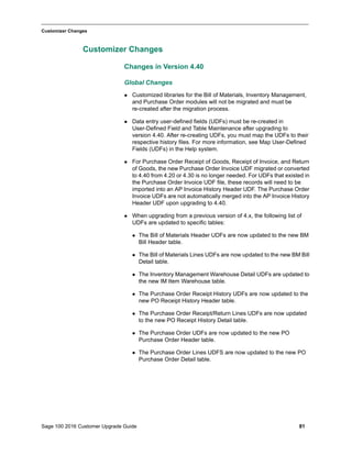 Sage 100 2016 Customer Upgrade Guide 81
_____________________________________________________________________________________________
Customizer Changes
Customizer Changes
Changes in Version 4.40
Global Changes
 Customized libraries for the Bill of Materials, Inventory Management,
and Purchase Order modules will not be migrated and must be
re-created after the migration process.
 Data entry user-defined fields (UDFs) must be re-created in
User-Defined Field and Table Maintenance after upgrading to
version 4.40. After re-creating UDFs, you must map the UDFs to their
respective history files. For more information, see Map User-Defined
Fields (UDFs) in the Help system.
 For Purchase Order Receipt of Goods, Receipt of Invoice, and Return
of Goods, the new Purchase Order Invoice UDF migrated or converted
to 4.40 from 4.20 or 4.30 is no longer needed. For UDFs that existed in
the Purchase Order Invoice UDF file, these records will need to be
imported into an AP Invoice History Header UDF. The Purchase Order
Invoice UDFs are not automatically merged into the AP Invoice History
Header UDF upon upgrading to 4.40.
 When upgrading from a previous version of 4.x, the following list of
UDFs are updated to specific tables:
 The Bill of Materials Header UDFs are now updated to the new BM
Bill Header table.
 The Bill of Materials Lines UDFs are now updated to the new BM Bill
Detail table.
 The Inventory Management Warehouse Detail UDFs are updated to
the new IM Item Warehouse table.
 The Purchase Order Receipt History UDFs are now updated to the
new PO Receipt History Header table.
 The Purchase Order Receipt/Return Lines UDFs are now updated
to the new PO Receipt History Detail table.
 The Purchase Order UDFs are now updated to the new PO
Purchase Order Header table.
 The Purchase Order Lines UDFS are now updated to the new PO
Purchase Order Detail table.
 