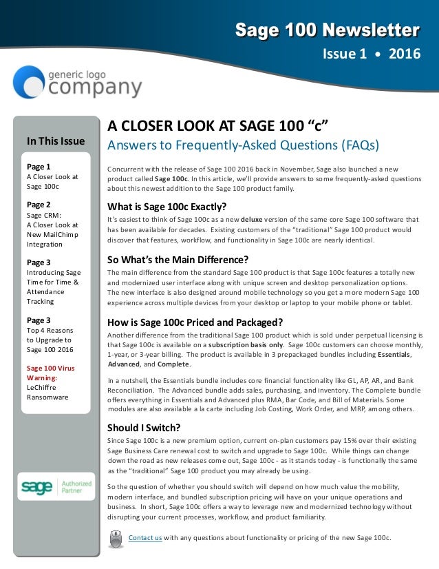 Sage 100 ERP Newsletter Sample Issue