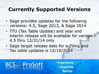 Currently Supported Versions
• Sage provides updates for the following
versions: 4.5, Sage 2013, & Sage 2014
• TTU (Tax Table Update) and year end
interim release will be available for version
4.5 thru 12/31/14 only
• Sage target release date for e-Filing and
Tax table updates is 12/19/2014
 