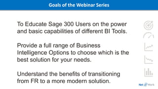Goals of the Webinar Series
To Educate Sage 300 Users on the power
and basic capabilities of different BI Tools.
Provide a full range of Business
Intelligence Options to choose which is the
best solution for your needs.
Understand the benefits of transitioning
from FR to a more modern solution.
 
