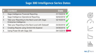 Sage 300 Intelligence Series Dates
# Content Date
1 Sage Intelligence Financial Reporting 01/19/2018
2 Sage Intelligence Operational Reporting 02/02/2018
3 Take your Reporting to the Next Level with Sage
Enterprise Intelligence
02/16/2018
4 Take your Reporting to the Next Level with Dataself 03/30/2018
5 Creating Reports using Orchid Info Explorer 04/06/2018
6 Using Power BI with Sage 300 04/13/2018
 