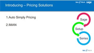 Introducing – Pricing Solutions
Sage
Setup
Series
1.Auto Simply Pricing
2.IMAN
 