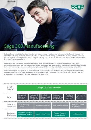 Sage 300 Manufacturing
Satisfy all your manufacturing requirements, fully accommodate your business processes and efficiently manage your
operations with Sage 300 Manufacturing. Enable an efficient manufacturing operation flow covering material purchase,
processing manufacturing orders, work in progress, routing cost calculation, material consumption, material scrap / item
substitution and order closeout.
Automating your manufacturing processes in a simple and practical way will help your business gain significant
competitive advantages and minimise costs and risks associated with high inventory levels. Use Sage 300 Manufacturing
to rise to the challenges of a constantly evolving industry, with fast moving technical changes and stay competitive.
Collaborate to plan and optimise all the components of your supply chain. Differentiate your company from the rest by
reducing lead times to win new business and justify higher margins, while improving customer satisfaction. Sage 300
Manufacturing is designed for discrete manufacturing enterprises.
Industry
Solution
Sage 300 Manufacturing
Target
Business
Processes
Manufacturing
Control
Production Planning Materials Procurement
Inventory Control
& Valuation
Business
Challenges
Increase Production
Efficiency & Reduce
Costs
Improve Lead Times
Reduce Waste &
Improve Quality
Collaboration
Computer &
Electronic
Products
Industrial &
Electronic
Equipment
Medical
Equipment &
Supplies
Consumer
Products & Toy
Manufacturing
Light Industrial
Assembly
Packing &
Repacking
Industries
 