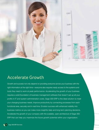 Accelerate Growth
     Growth and success not only depend on providing everyone across your business with the

     right information at the right time—everyone also requires ready access to the systems and

     tools they need to work at peak performance. Accelerating the growth of your business

     requires a solid foundation of business management software that doesn’t eat up all your

     profits in IT and system administration costs. Sage 300 ERP is the ideal solution to meet

     your changing business needs. Improve productivity by connecting processes from each

     functional area, securely and in real time. Envision success with enhanced visibility into

     business metrics so you can make more insightful daily and long-term planning decisions.

     Accelerate the growth of your company with the scalable, open architecture of Sage 300

     ERP that can help you maximize the future growth potential within your organization.


12    Sage 300 ERP Overview
 