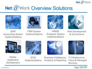 © Net@Work
Overview Solutions
ERP/
Accounting System
Implementations
CRM System
Implementations
HRMS/
Employer System
Implementations
Web Development
& eCommerce
Mobile
Application
Development
ECM
Implementations
Business Intelligence,
Analytics & Reporting
IT Infrastructure,
Cloud & Managed
Services
 