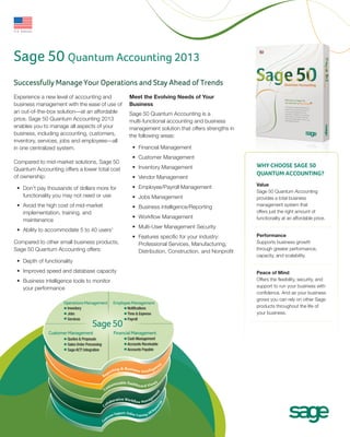 Sage 50 Quantum Accounting 2013
Successfully Manage Your Operations and Stay Ahead of Trends
Experience a new level of accounting and       Meet the Evolving Needs of Your
business management with the ease of use of    Business
an out-of-the-box solution—at an affordable    Sage 50 Quantum Accounting is a
price. Sage 50 Quantum Accounting 2013         multi-functional accounting and business
enables you to manage all aspects of your      management solution that offers strengths in
business, including accounting, customers,     the following areas:
inventory, services, jobs and employees—all
in one centralized system.                      •	 Financial Management
                                                •	 Customer Management
Compared to mid-market solutions, Sage 50
                                                •	 Inventory Management                        Why Choose Sage 50
Quantum Accounting offers a lower total cost
of ownership:
                                                                                               Quantum Accounting?
                                                •	 Vendor Management
                                                                                               Value 	 		
 •	 Don’t pay thousands of dollars more for     •	 Employee/Payroll Management
                                                                                               Sage 50 Quantum Accounting
    functionality you may not need or use       •	 Jobs Management                             provides a total business
 •	 Avoid the high cost of mid-market           •	 Business intelligence/Reporting             management system that
    implementation, training, and                                                              offers just the right amount of
                                                •	 Workflow Management                         functionality at an affordable price.
    maintenance
                                                •	 Multi-User Management Security
 •	 Ability to accommodate 5 to 40 users1
                                                •	 Features specific for your industry:        Performance 		
Compared to other small business products,         Professional Services, Manufacturing,       Supports business growth
Sage 50 Quantum Accounting offers:                                                             through greater performance,
                                                   Distribution, Construction, and Nonprofit
                                                                                               capacity, and scalability.
 •	 Depth of functionality
 •	 Improved speed and database capacity                                                       Peace of Mind 		
 •	 Business intelligence tools to monitor                                                     Offers the flexibility, security, and
    your performance                                                                           support to run your business with
                                                                                               confidence. And as your business
                                                                                               grows you can rely on other Sage
                                                                                               products throughout the life of
                                                                                               your business.
 