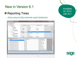 New in Version 6.1                                   Available
                                                     Q1 2012
 Reporting Trees                                     with v6.1
– Easy setup to fully automate report distribution




                                     9
 