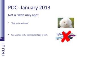POC- January 2013
Not a “web only app”


“Not just a web app“



Can use low cost / open source tools to test.



 