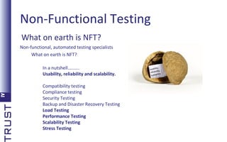 Non-Functional Testing
What on earth is NFT?
Non-functional, automated testing specialists
What on earth is NFT?
In a nutshell……….
Usability, reliability and scalability.
Compatibility testing
Compliance testing
Security Testing
Backup and Disaster Recovery Testing
Load Testing
Performance Testing
Scalability Testing
Stress Testing

y
usabilit
liability
re
ity
scalabil

 