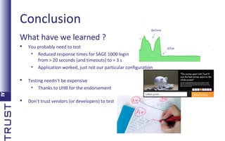 Conclusion
What have we learned ?


You probably need to test
• Reduced response times for SAGE 1000 login
from > 20 seconds (and timeouts) to ≈ 3 s
• Application worked, just not our particular configuration



Testing needn’t be expensive
• Thanks to UHB for the endorsement



Don’t trust vendors (or developers) to test

 
