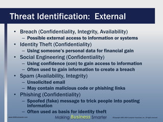 Threat Identification: External
     • Breach (Confidentiality, Integrity, Availability)
              – Possible external access to information or systems
     • Identity Theft (Confidentiality)
              – Using someone’s personal data for financial gain
     • Social Engineering (Confidentiality)
              – Using confidence (con) to gain access to information
              – Often used to gain information to create a breach
     • Spam (Availability, Integrity)
              – Unsolicited email
              – May contain malicious code or phishing links
     • Phishing (Confidentiality)
              – Spoofed (fake) message to trick people into posting
                information
              – Often used as basis for identity theft
www.SAGEcomputer.com        Making Business Smarter   ©Copyright 2009, SAGE Computer Associates, Inc. All rights reserved
 