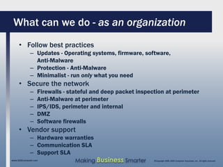 What can we do - as an organization
     • Follow best practices
              – Updates - Operating systems, firmware, software,
                Anti-Malware
              – Protection - Anti-Malware
              – Minimalist - run only what you need
     • Secure the network
              –    Firewalls - stateful and deep packet inspection at perimeter
              –    Anti-Malware at perimeter
              –    IPS/IDS, perimeter and internal
              –    DMZ
              –    Software firewalls
     • Vendor support
              – Hardware warranties
              – Communication SLA
              – Support SLA
www.SAGEcomputer.com             Making Business Smarter      ©Copyright 2009, SAGE Computer Associates, Inc. All rights reserved
 
