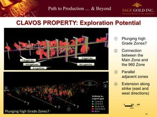 Path to Production … & Beyond
12
Plunging high Grade Zones?
?
? ?
① Plunging high
Grade Zones?
② Connection
between the
Main Zone and
the 960 Zone
③ Parallel
adjacent zones
④ Extension along
strike (east and
west directions)
CLAVOS PROPERTY: Exploration Potential
0 250 400
Meters
1.0 to 2.5
2.5 to 5.0
5.0 to 10.0
10.0 to 50.0
50.0+
Drillhole Au
Legend (gpt)
9.4gpt/1.0m
65.3 gpt/4.2m
7.0 gpt/1.5m
8.4 gpt/0.9m
10.5 gpt/3.4m
①
②
③
④④
 