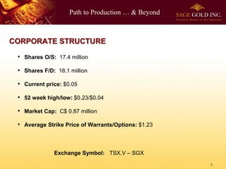Path to Production … & Beyond
2
CORPORATE STRUCTURE
Exchange Symbol: TSX.V – SGX
• Shares O/S: 17.4 million
• Shares F/D: 18.1 million
• Current price: $0.05
• 52 week high/low: $0.23/$0.04
• Market Cap: C$ 0.87 million
• Average Strike Price of Warrants/Options: $1.23
 