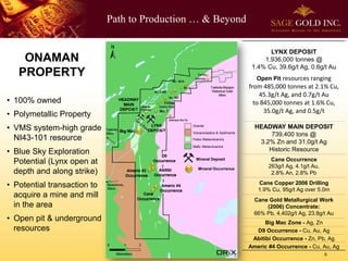 Path to Production … & Beyond
6
LYNX DEPOSIT
1,936,000 tonnes @
1.4% Cu, 39.6g/t Ag, 0.6g/t Au
Open Pit resources ranging
from 485,000 tonnes at 2.1% Cu,
45.3g/t Ag, and 0.7g/t Au
to 845,000 tonnes at 1.6% Cu,
35.0g/t Ag, and 0.5g/t
HEADWAY MAIN DEPOSIT
739,400 tons @
3.2% Zn and 31.0g/t Ag
Historic Resource
Cane Occurrence
263g/t Ag, 4.1g/t Au,
2.8% An, 2.8% Pb
Cane Copper 2006 Drilling
1.9% Cu, 95g/t Ag over 5.0m
Cane Gold Metallurgical Work
(2006) Concentrate:
66% Pb, 4,402g/t Ag, 23.8g/t Au
Big Mac Zone - Ag, Zn
D9 Occurrence - Cu, Au, Ag
Abitibi Occurrence - Zn, Pb, Ag
Americ #4 Occurrence - Cu, Au, Ag
Granite
Volcaniclastics & Sediments
Felsic Metavolcanics
Mafic Metavolcanics
Mineral Deposit
Mineral Occurrence
ONAMAN
PROPERTY
• 100% owned
• Polymetallic Property
• VMS system-high grade
NI43-101 resource
• Blue Sky Exploration
Potential (Lynx open at
depth and along strike)
• Potential transaction to
acquire a mine and mill
in the area
• Open pit & underground
resources
 