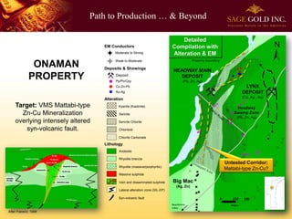 Path to Production … & Beyond
Py/Po/Cpy
Deposits & Showings
Cu-Zn-Pb
Au-Ag
Lithology
Moderate to Strong
Weak to Moderate
EM Conductors
ONAMAN
PROPERTY Deposit
After Franklin, 1996
N
Big Mac
(Ag, Zn)
Headway
Swamp Zone
(Pb, Zn, Ag)
LYNX
DEPOSIT
(Cu, Ag , Au)
HEADWAY MAIN
DEPOSIT
(Pb, Zn, Ag)
Property boundary
0 250 500
MetersBeardmore
55km
Untested Corridor;
Mattabi-type Zn-Cu?
Kyanite (Kaolinite)
Sericite
Sericite Chlorite
Chloritoid
Alteration
Chlorite Carbonate
Andesite
Rhyolite breccia
Rhyolite (massive/porphyritic)
Massive sulphide
Vein and disseminated sulphide
Lateral alteration zone (SIL-EP)
Syn-volcanic fault
Target: VMS Mattabi-type
Zn-Cu Mineralization
overlying intensely altered
syn-volcanic fault.
Detailed
Compilation with
Alteration & EM
 