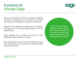 A propos du
Groupe Sage
Sage est le premier fournisseur mondial de logiciels
de gestion d'entreprise et de produits et services
connexes pour les petites et moyennes entreprises.
Sage est une entreprise mondiale avec 6,3 millions
de clients, plus de 13.400 collaborateurs et 30 ans
d'expérience.
Sage s'appuie sur un réseau de plus de 2 000
partenaires Sage certifiés en France.
Nos partenaires assurent une proximité étroite avec
leurs clients afin de leur assurer la meilleure qualité
de service possible.

sagecrm.com

Notre vision est d'être
reconnu comme l’allié le
plus précieux des petites
et moyennes entreprises
en leur donnant les outils
nécessaires pour réussir

 