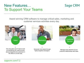 New Features…
To Support Your Teams
Award winning CRM software to manage critical sales, marketing and
customer services activities every day.

Sales

Marketing

The only place you’ll need to look
for everything you need to know
about prospects and customers in
the office or on the road.

Generate more leads through
highly targeted campaigns.

sagecrm.com/7.2

Customer
Service

Manage every element of your
customer relationships with ease.

 