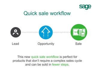 Lead Opportunity Sale
This new quick sale workflow is perfect for
products that don’t require a complex sales cycle
and can be sold in fewer steps.
Quick sale workflow
 