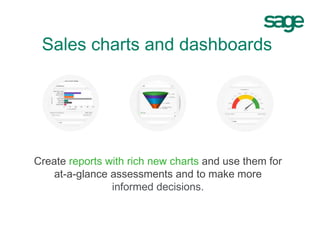 Sales charts and dashboards
Create reports with rich new charts and use them for
at-a-glance assessments and to make more
informed decisions.
 