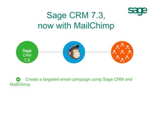 Create a targeted email campaign using MailChimp
Sage CRM 7.3,
now with MailChimp
@@@Sage
CRM
7.3
 