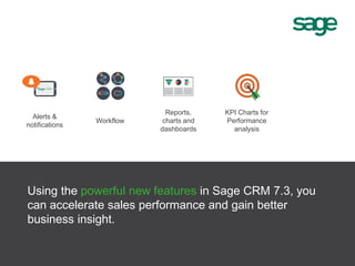 Alerts &
notifications
Reports,
charts and
dashboards
KPI Charts for
Performance
analysis
Workflow
Using the powerful new features in Sage CRM 7.3, you
can accelerate sales performance and gain better
business insight.
 