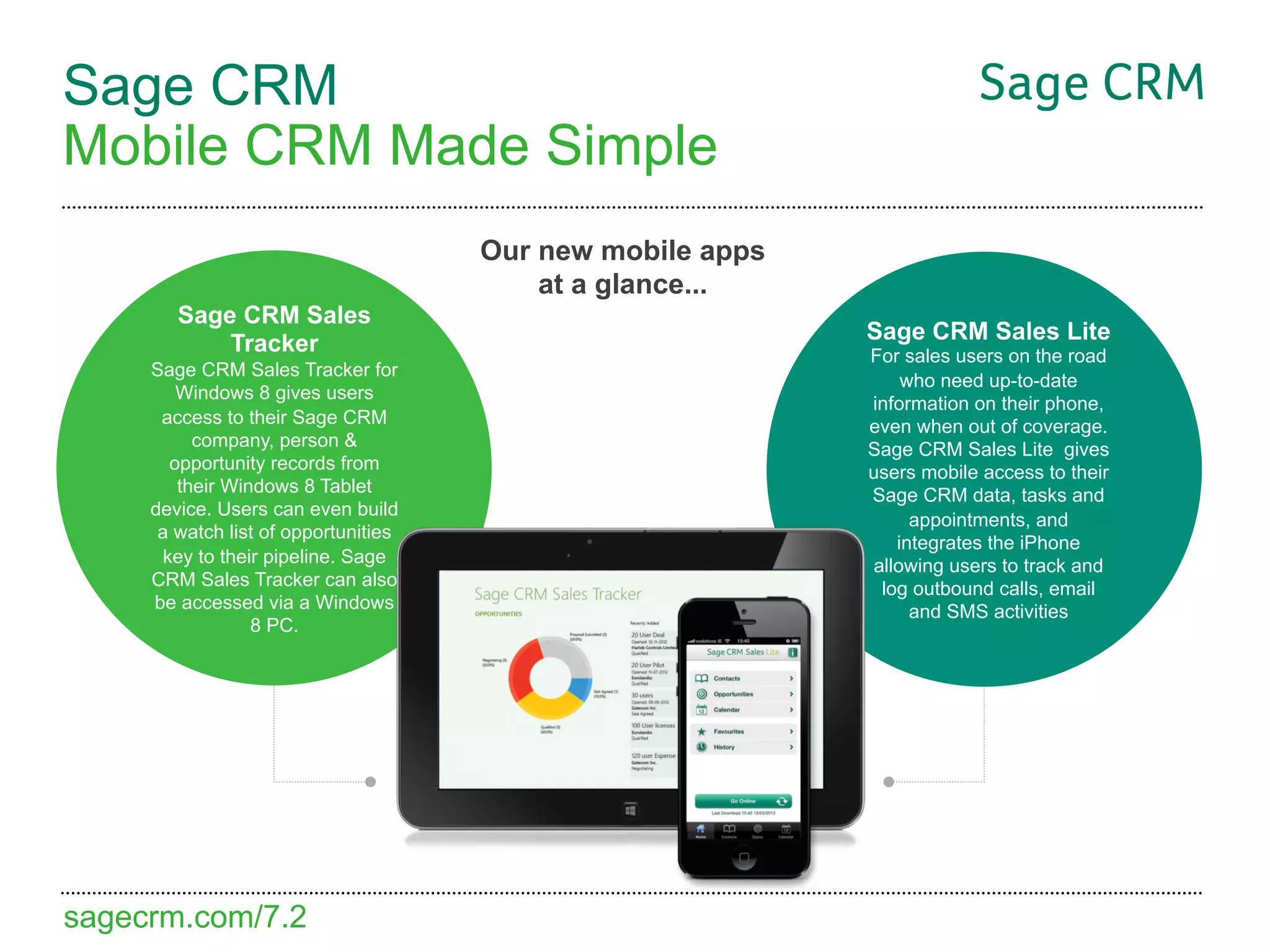 Sage CRM
Mobile CRM Made Simple
                                      Our new mobile apps
                                          at a glance...
        Sage CRM Sales
            Tracker                                         Sage CRM Sales Lite
                                                            For sales users on the road
     Sage CRM Sales Tracker for
                                                                who need up-to-date
        Windows 8 gives users
                                                            information on their phone,
      access to their Sage CRM                              even when out of coverage.
          company, person &                                 Sage CRM Sales Lite gives
       opportunity records from                             users mobile access to their
        their Windows 8 Tablet                              Sage CRM data, tasks and
     device. Users can even build
                                                                 appointments, and
      a watch list of opportunities
                                                               integrates the iPhone
      key to their pipeline. Sage                           allowing users to track and
     CRM Sales Tracker can also                              log outbound calls, email
     be accessed via a Windows                                   and SMS activities
                 8 PC.




sagecrm.com/7.2
 