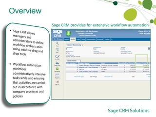 Overview Workflow Automation Sage CRM provides for extensive workflow automation 