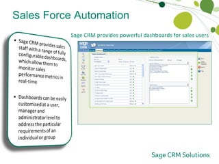 Sales Force Automation Sales Dashboards Sage CRM provides powerful dashboards for sales users 