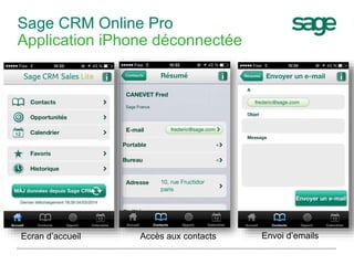 Sage CRM Online Pro
Application iPhone déconnectée
Ecran d’accueil Accès aux contacts Envoi d’emails
 