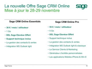 La nouvelle Offre Sage CRM Online
Mise à jour le 28-29 novembre
Sage CRM Online Essentials
− 30 € / mois / utilisateur
− 1 Go
− DEL Sage Etendue Offert
− Support technique inclus
− La gestion des contacts & ventes
− Intégration MS Outlook light
Sage France 18
Sage CRM Online Pro
− 55 € / mois / utilisateur
− 5 Go
− DEL Sage Etendue Offert
− Support technique inclus
− La gestion des contacts & ventes
− Intégration MS Outlook light & classique
− Le Service Clients & Marketing
− Générateur d’entités personnalisées
− Les applications Mobiles iPhone & Win 8
 